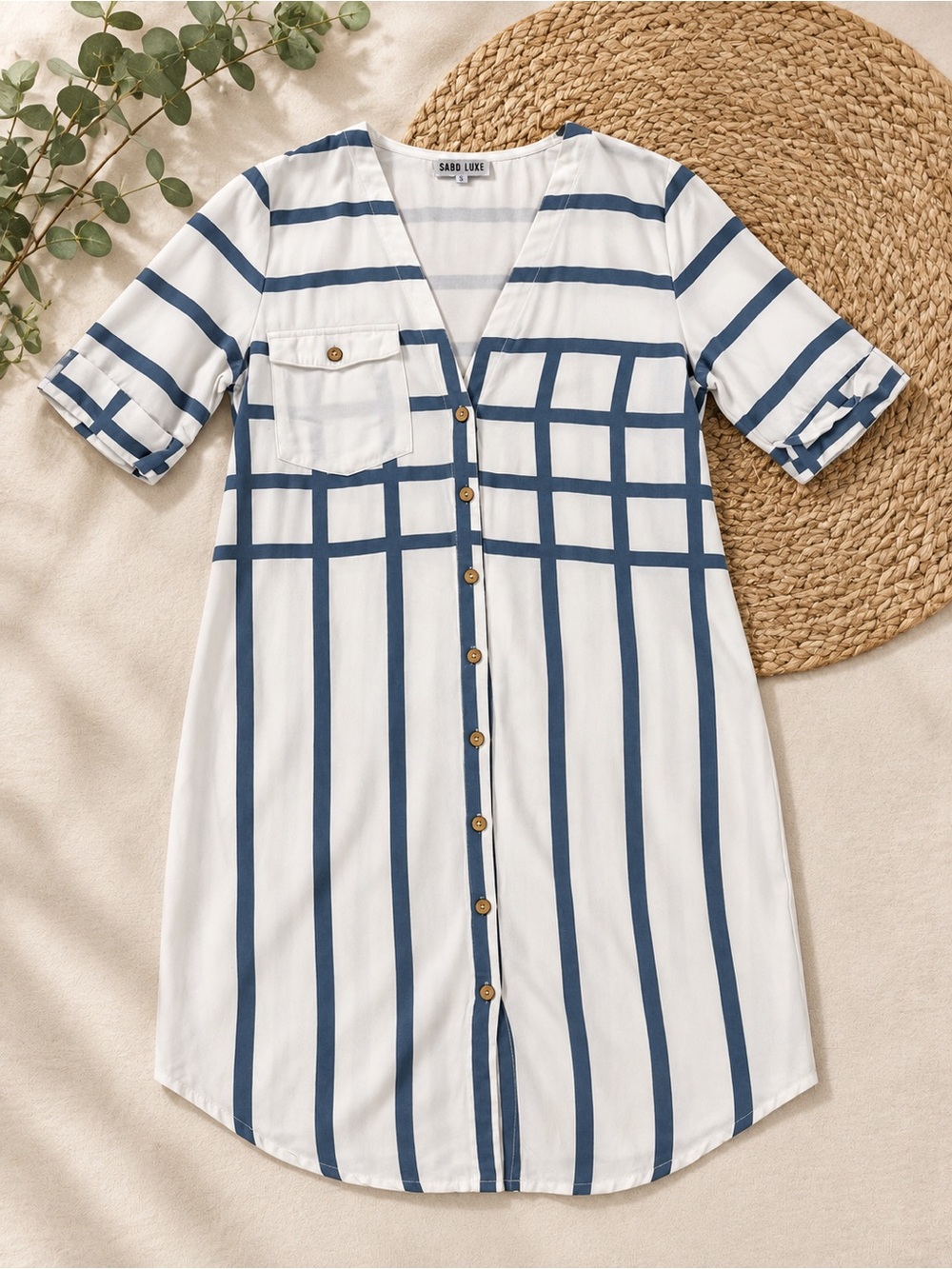 Sabo Luxe Blue White Geometric Button Front Midi Dress L